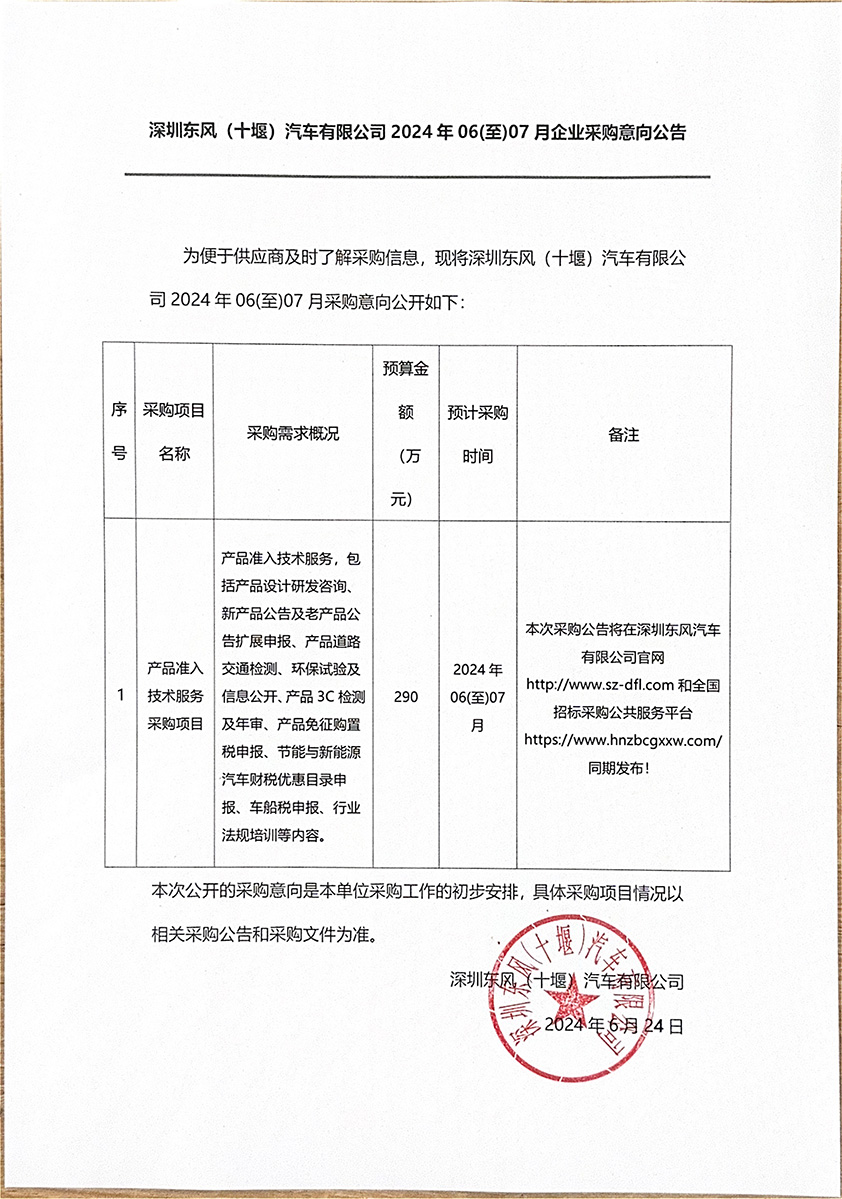 深圳東風（十堰）汽車有限公司2024年06(至)07月企業采購意向公告